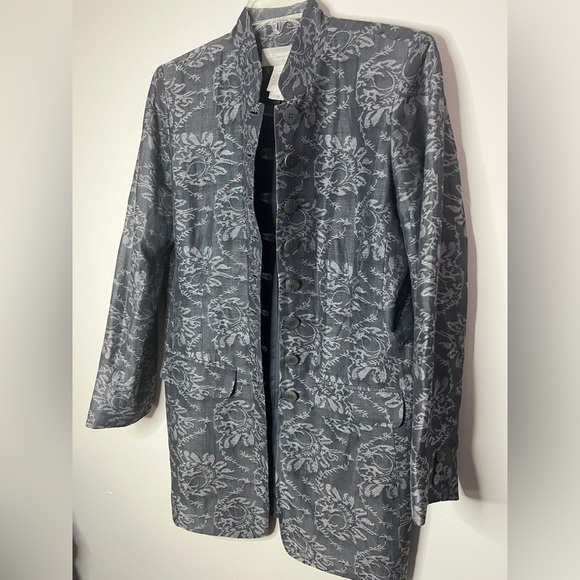 Liz Claiborne Collection Grey Floral Boho Silk Linen Longline Blazer Pockets - Picture 2 of 7